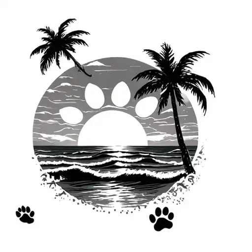 Sunset With Beach Waves And Dog Paw Print
