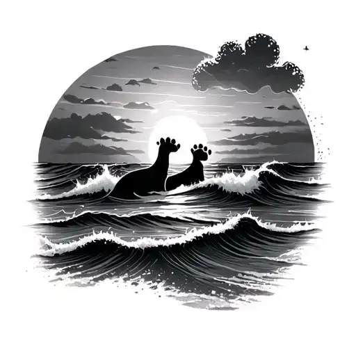 Sunset With Waves And Dog Paw Print