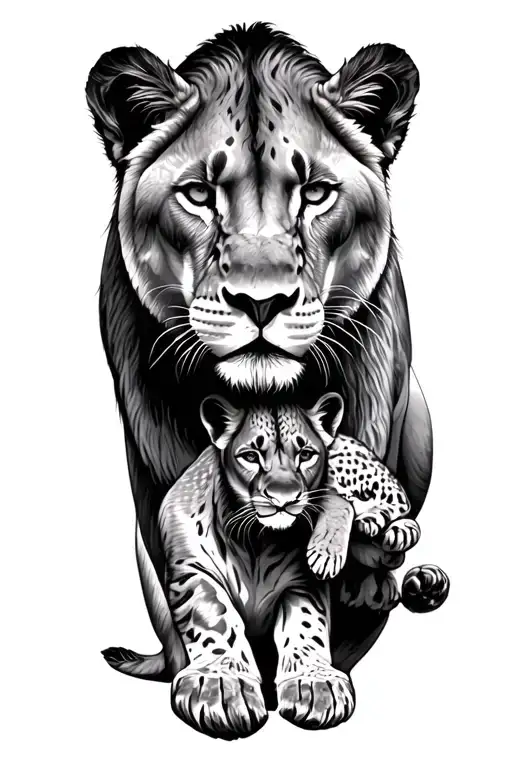 Lioness Protecting Her Cubs Playing