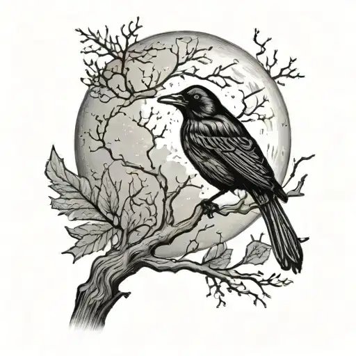 Realistic Moon With Tree Branch And Blackbird
