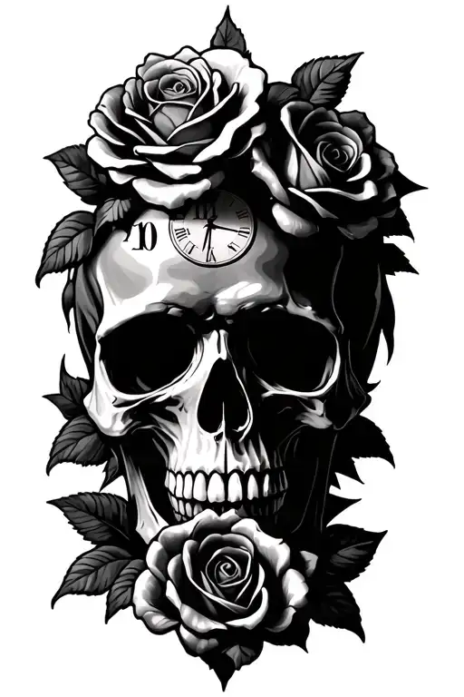 Skull Roses And Clock