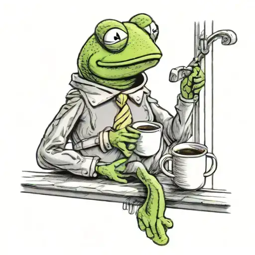 Kermit Sitting On A Window Sill And Drinking Coffee And Looking Outside And There's A Peaceful Day
