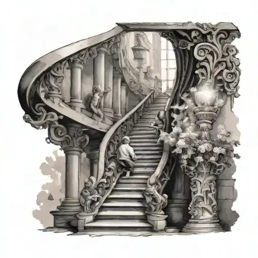 Grand Winding Staircase To Heaven With Little Boy Praying In Front