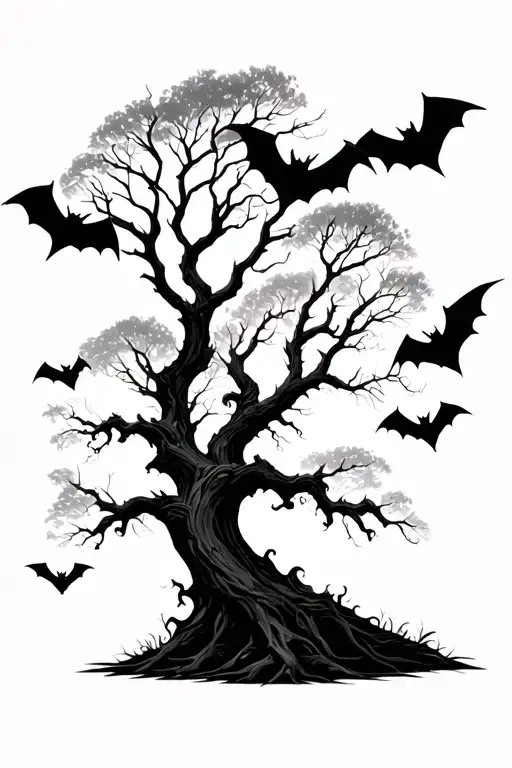 Tree Silhouette With Bats Flying