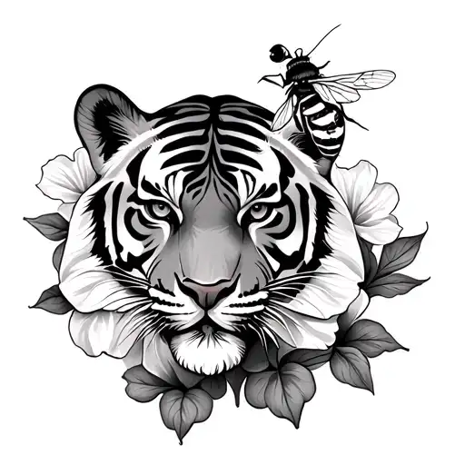 Tiger And Hibiscus Flowers With Bee