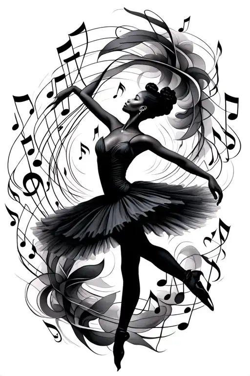 Black Ballet Dancer Surrounded By Swirling Musical Notes