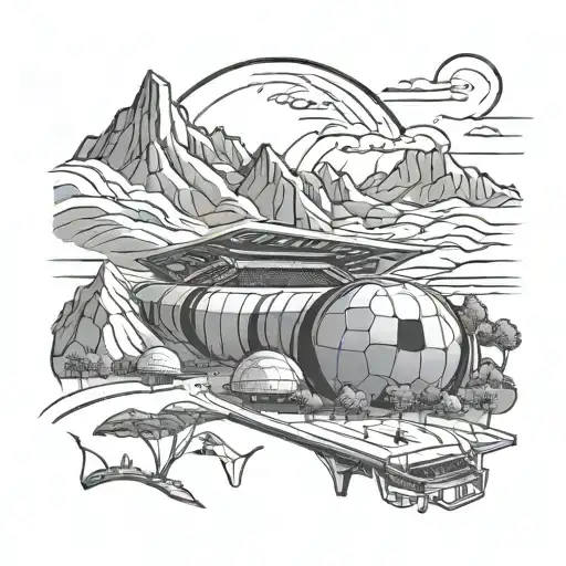 A Futuristic Soccer Stadium Nestled In A Futuristic Mountain Range With Wildlife Roaming Around