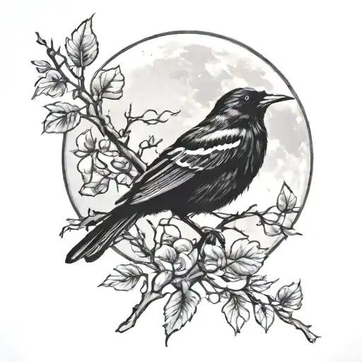 Realistic Moon With Tree Branch And Blackbird