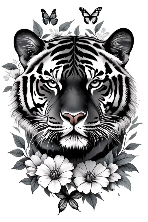 Tiger With Flowers And Butterflies Surrounding