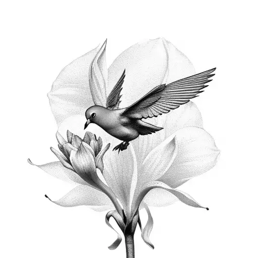 A Minimalist Black-grey Design Featuring A Dove Perched On A Daffodil Stem