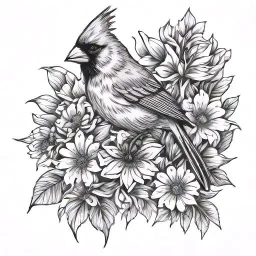 Cardinal And Flowers