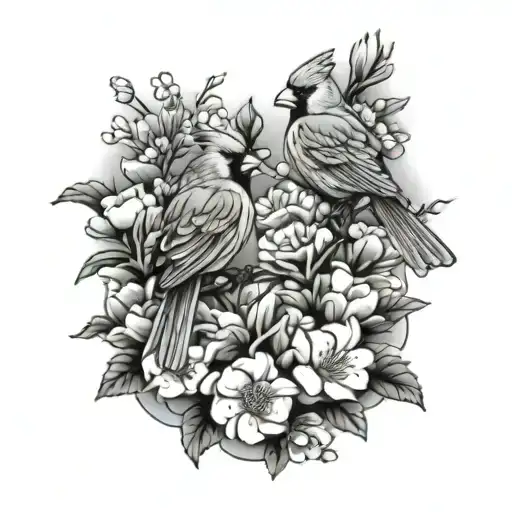 Cardinals With Flowers In The Background