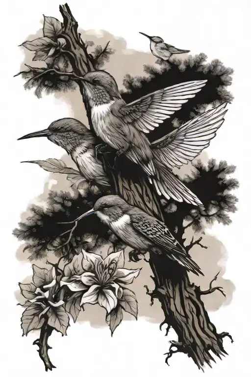 Redwood Tree With Two Humming Birds