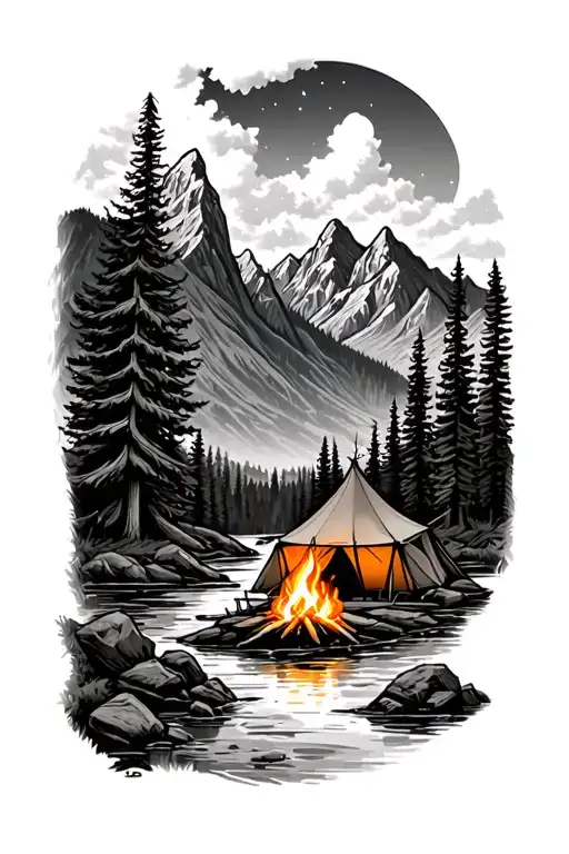 Mountains Forrest River And Tent With Camp Fire