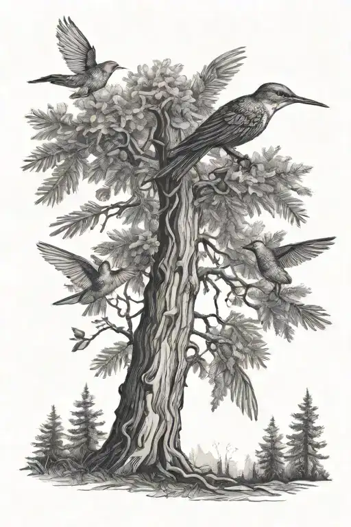 Main Image Is The Redwood Tree With Two Small Humming Birds