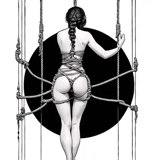 Bound Woman In Shibari Ropes Suspended On Back Marionette Strings