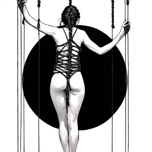 Bound Woman In Shibari Ropes Suspended On Back Marionette Strings