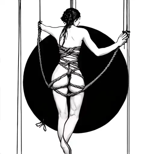 Bound Woman In Shibari Ropes Suspended On Back Marionette Strings