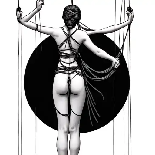 Puppet Master With Strings Woman In Shibari With Wrists Tied Above Head Knot Intertwined Back View