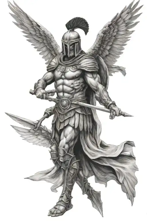 Full Body Spartan Warrior With An Eagle Behind Him Wings Open In Realistic Style