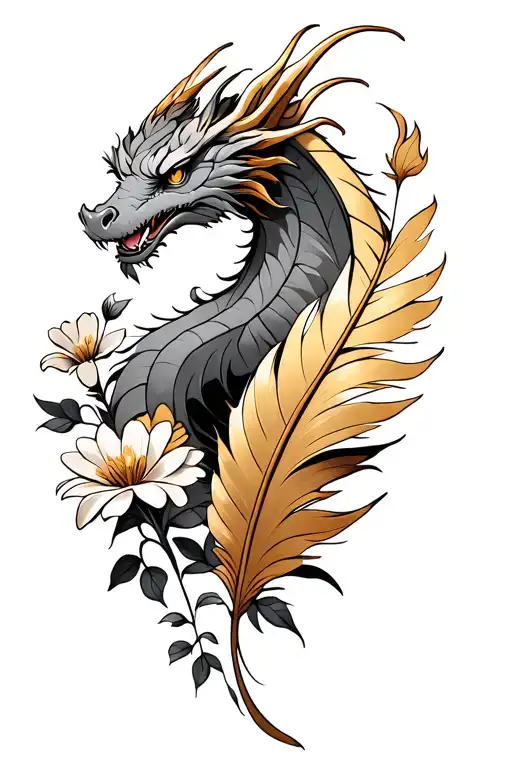Cartoon Golden Feather Dragon Surrounded By Flowers