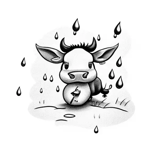 Little Cow Eating Little Grass With A Little Rain Cloud