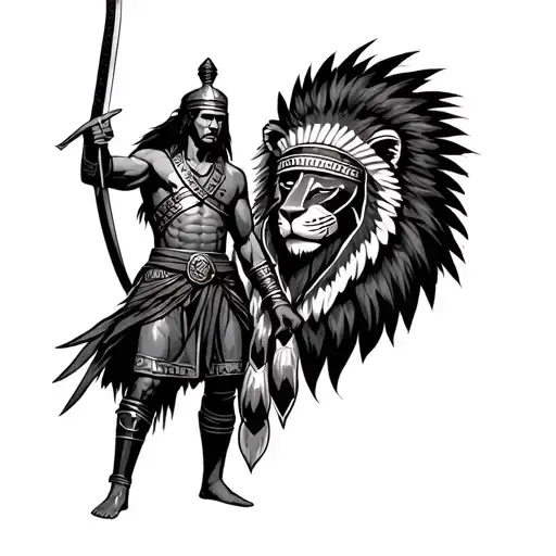 Standing Gladiator With Sword In Hand With The Face Of A Native American Man Taking Off A Lion Mask