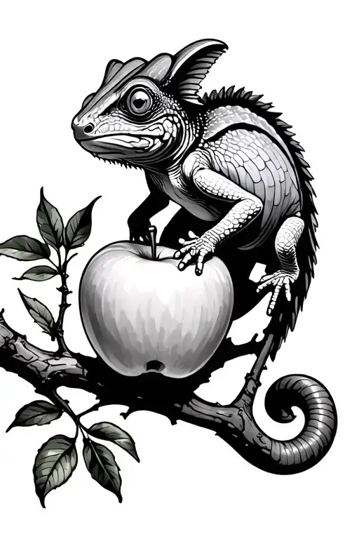Cartoon Chameleon Climbing An Apple Tree