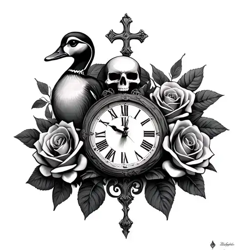 Skull Roses Clock Cross Wood Duck