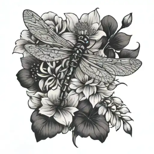 Dragonfly And A Line Of Flowers