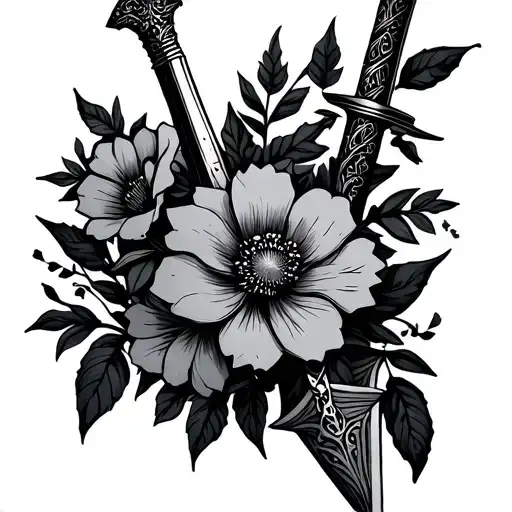 Lineart Of Fine Line Dagger With Florals