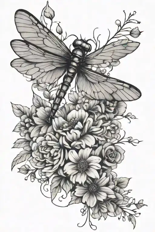 Dragonfly And A Line Of Flowers Bellow