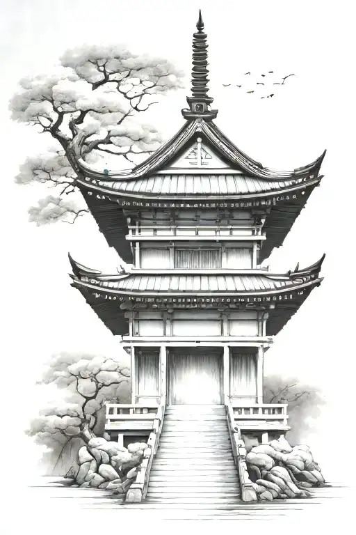 Japanese Pagoda Temple Nestled Within The Design