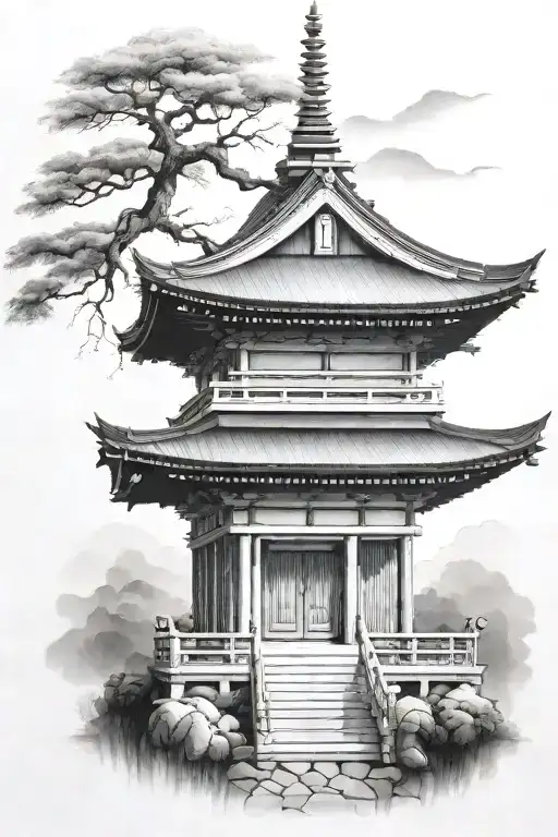 Japanese Pagoda Temple Nestled Within The Design
