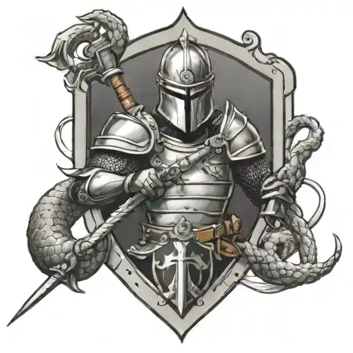 Male Knight Holding A Sword And A Rattle Snake Around The Sword With Air Force Insignia On Shield