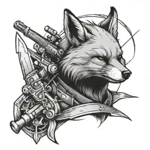 Incorporate A Military Theme With A Renard Holding A Glaive Cannon In A Black-grey Style