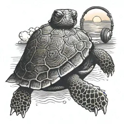 A Dotwork Tattoo Of A Turtle Listening To Music On Headphones While Watching The Sunset On The Beach