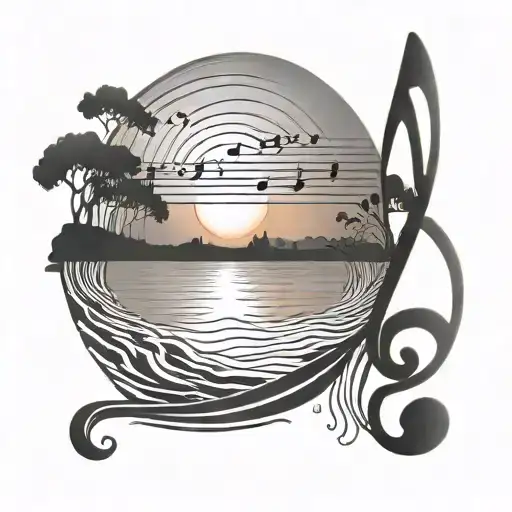 A Minimalist Design Of A Musical Note Silhouette Blending Into A Sunset Over Water
