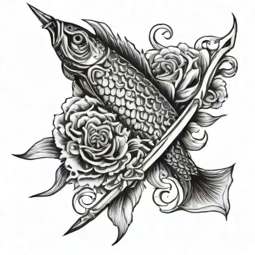 Dagger With Coy Fish Wrapped Around And Carnations
