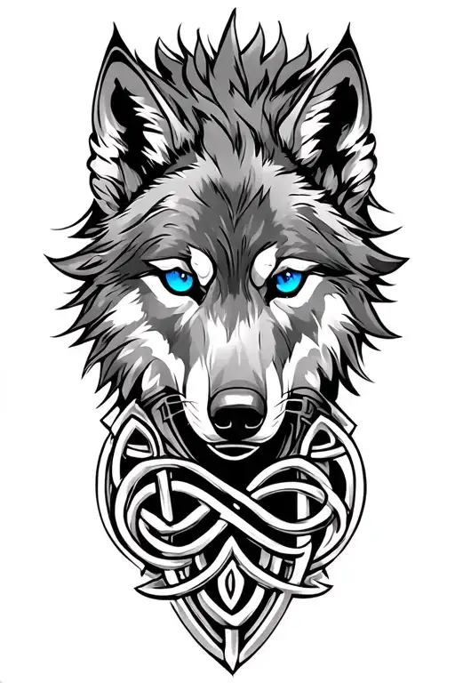 Wolf With Blue Eyes On Armor Tattoo Design Featuring Celtic Trinity Knot