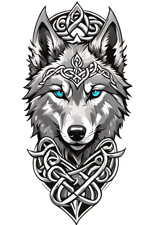 Wolf With Blue Eyes On Armor Tattoo Design Featuring Celtic Trinity Knot