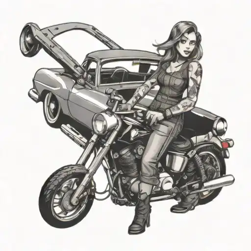 A Badass Female Mechanic Wielding A Wrench And Surrounded By Classic Cars