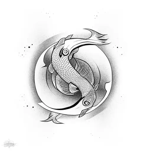 A Black-grey Tattoo Of A Koi Fish Entwined With A Yin And Yang Symbol
