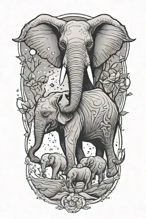 Mother Elephant And Two Kids Under The Moonlight And Stars