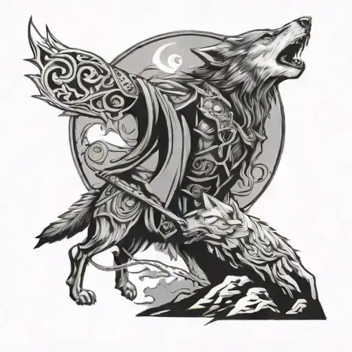 Wikinger Mit Wolf Howling At The Moon