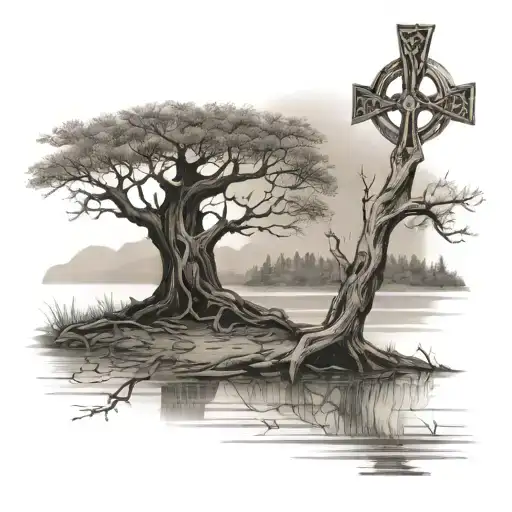 Dead Tree By A Lake With A Celtic Cross Made