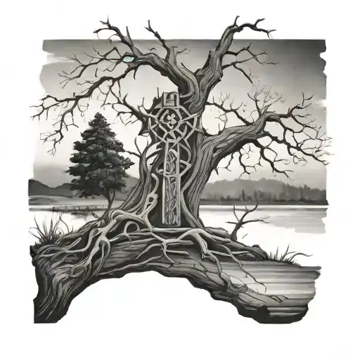 Dead Tree By A Lake With A Celtic Cross Beside The Bank