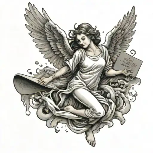 Falling Female Angel Holding A Stone Tablet With Words On It
