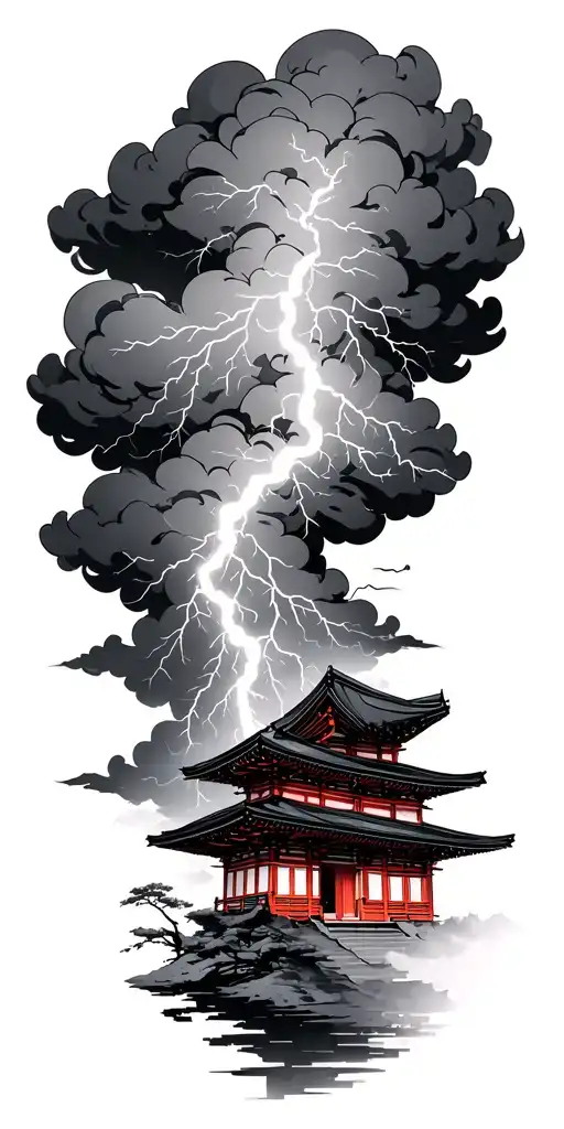 Dark Clouds And Heavy Lightning Surrounding Japanese Building And Scenery