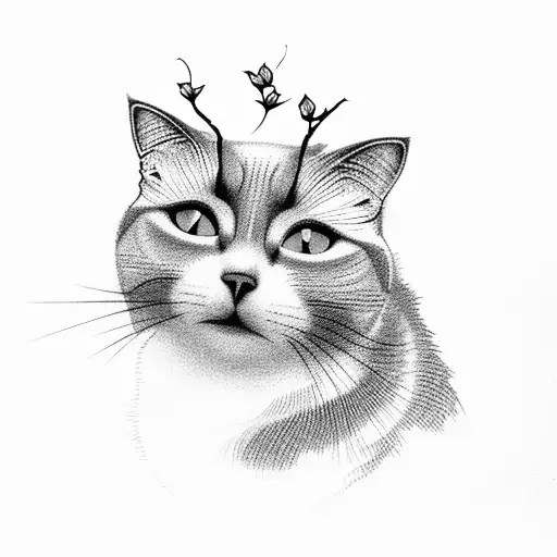 A Black-grey Tattoo Of A Cat Sitting On A Tree Branch With Cherry Blossoms Falling Around
